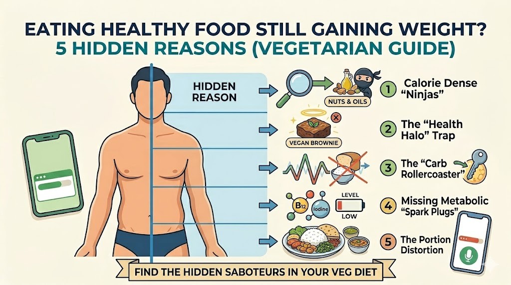 An infographic titled "Eating Healthy Food Still Gaining Weight? 5 Hidden Reasons (Vegetarian Guide)" listing five common pitfalls for vegetarians: calorie-dense foods (like nuts & oils), the "health halo" trap (vegan brownies), the "carb rollercoaster" (high glycemic carbs), missing metabolic nutrients (B12 & Iodine), and portion distortion.