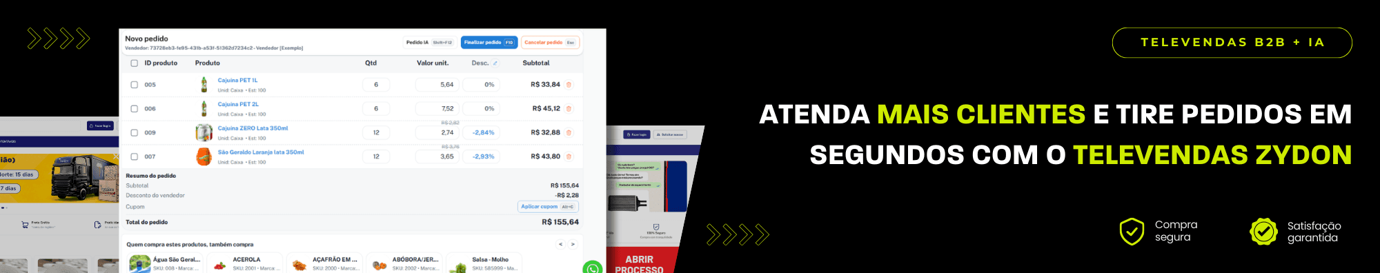 Banner horizontal com fundo escuro, ícones de segurança e satisfação, e imagens de lojas B2B exibidas à esquerda. Elementos gráficos em verde destacam o tema de e-commerce B2B com IA.