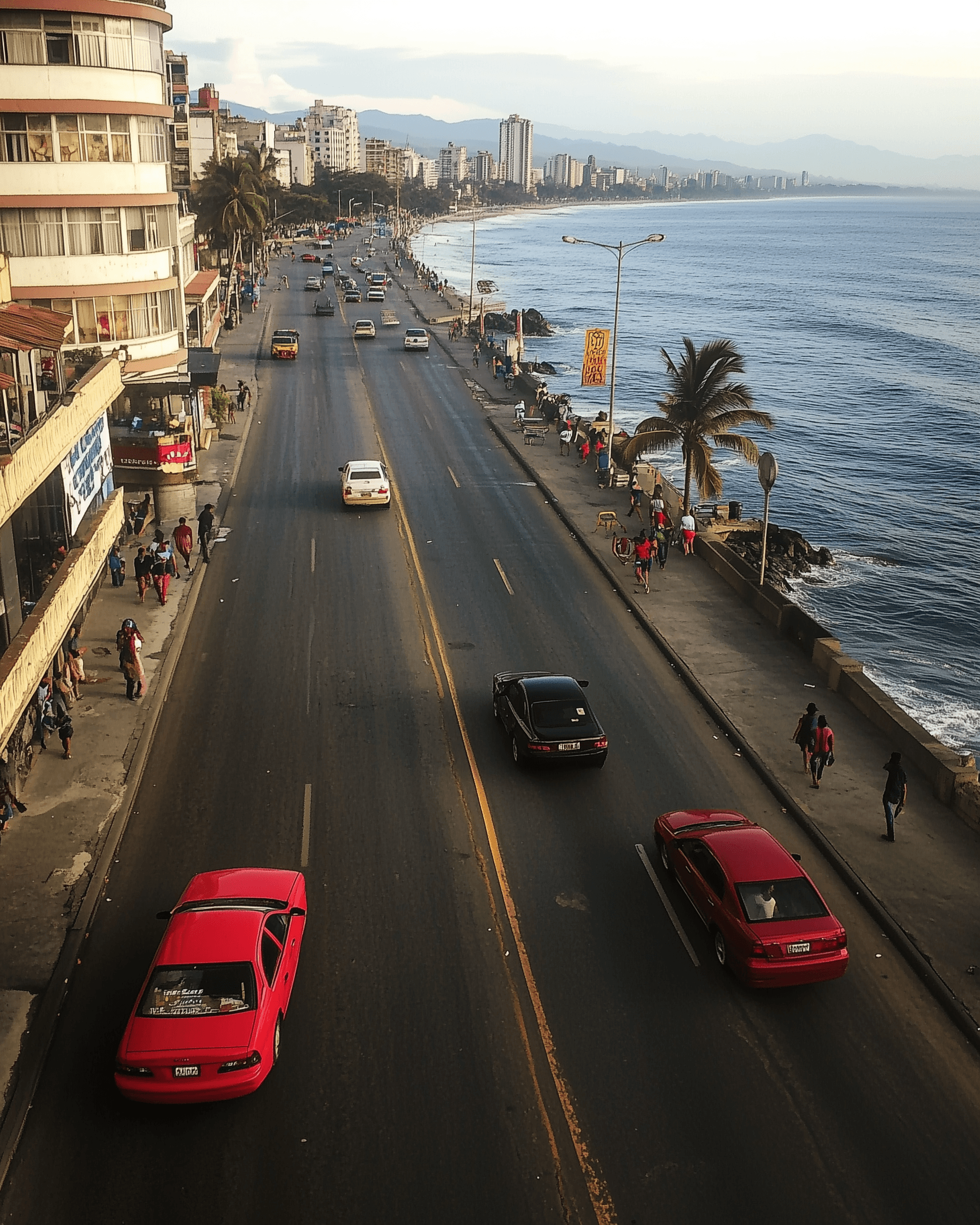 A view from the top of an overpass in "La Guaira" on the Malecón with cars driving, people walking, and a red car next to it. The ocean is visible in the background. This is an iPhone photo, so the quality is poor and grainy.