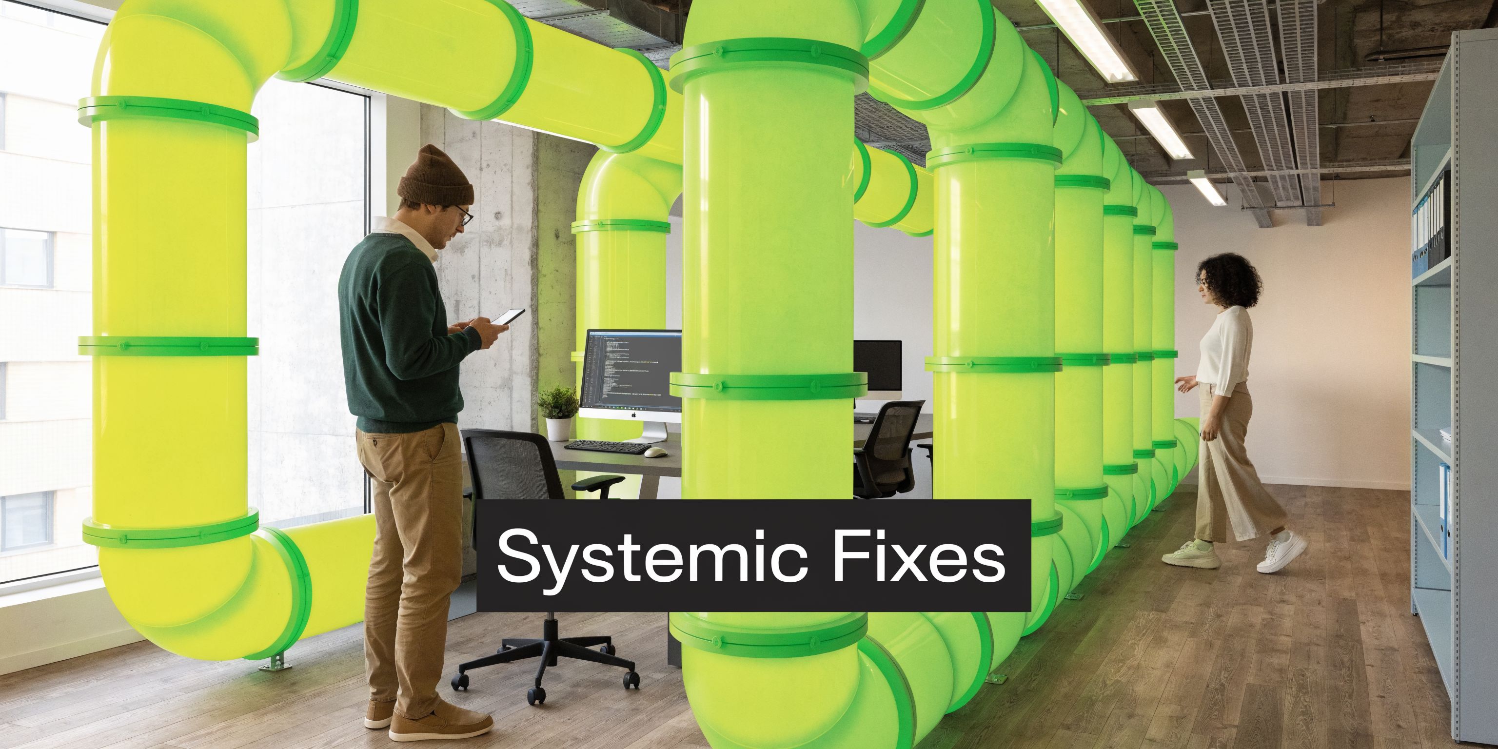 A man and a woman in a modern office space featuring large, decorative, neon-green industrial pipes.