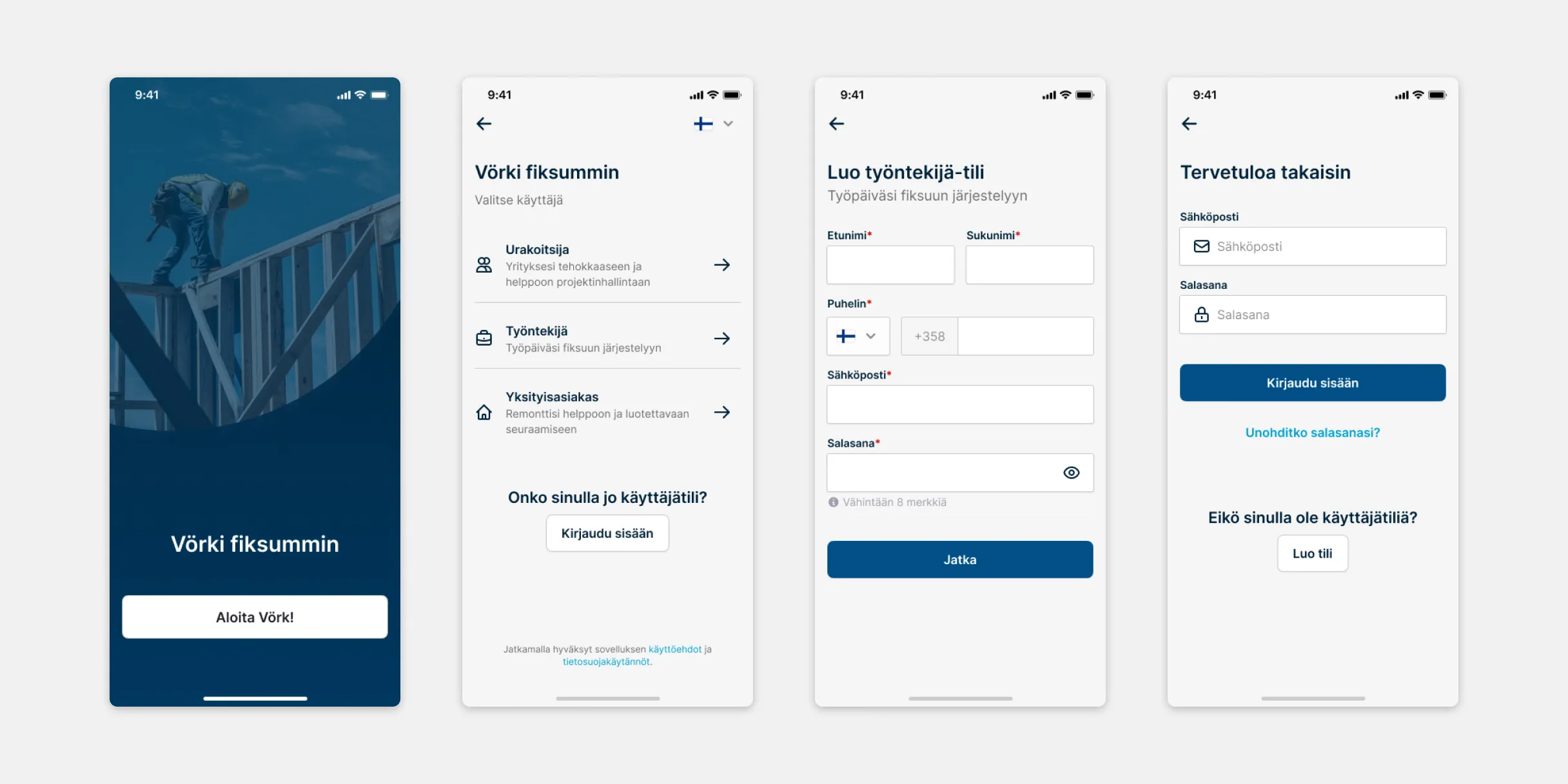 VÖRK-sovelluksen onboarding