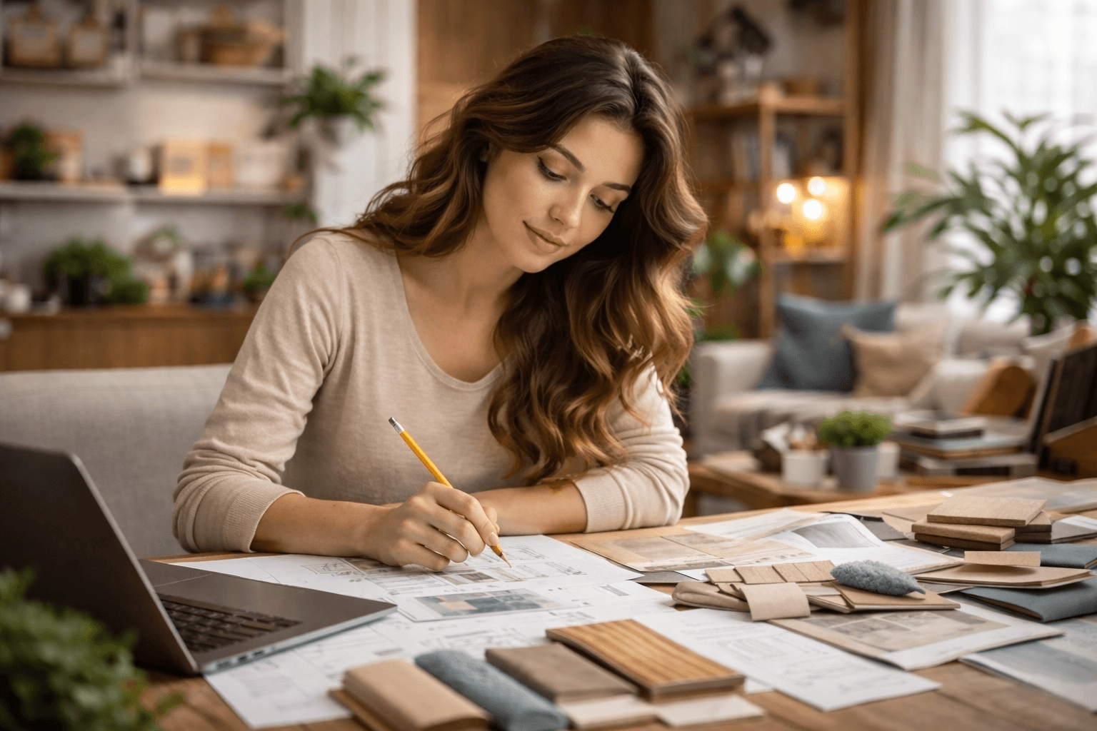 Une jeune femme naturelle, cheveux légèrement ondulés. Elle regarde les plans sur son bureau avec un crayon à la main. Elle est assise à un bureau. Sur ce bureau on retrouve, un ordinateur portable, quelqus carnets et quelques échantillons de design. L'environnement est lumineux et moderne avec quelques plantes. Les couleurs sont neutres, sobres. La lumière douce crée une ambiance chaleureuse et professionnelle. L,image dégage un moment de réflexion.