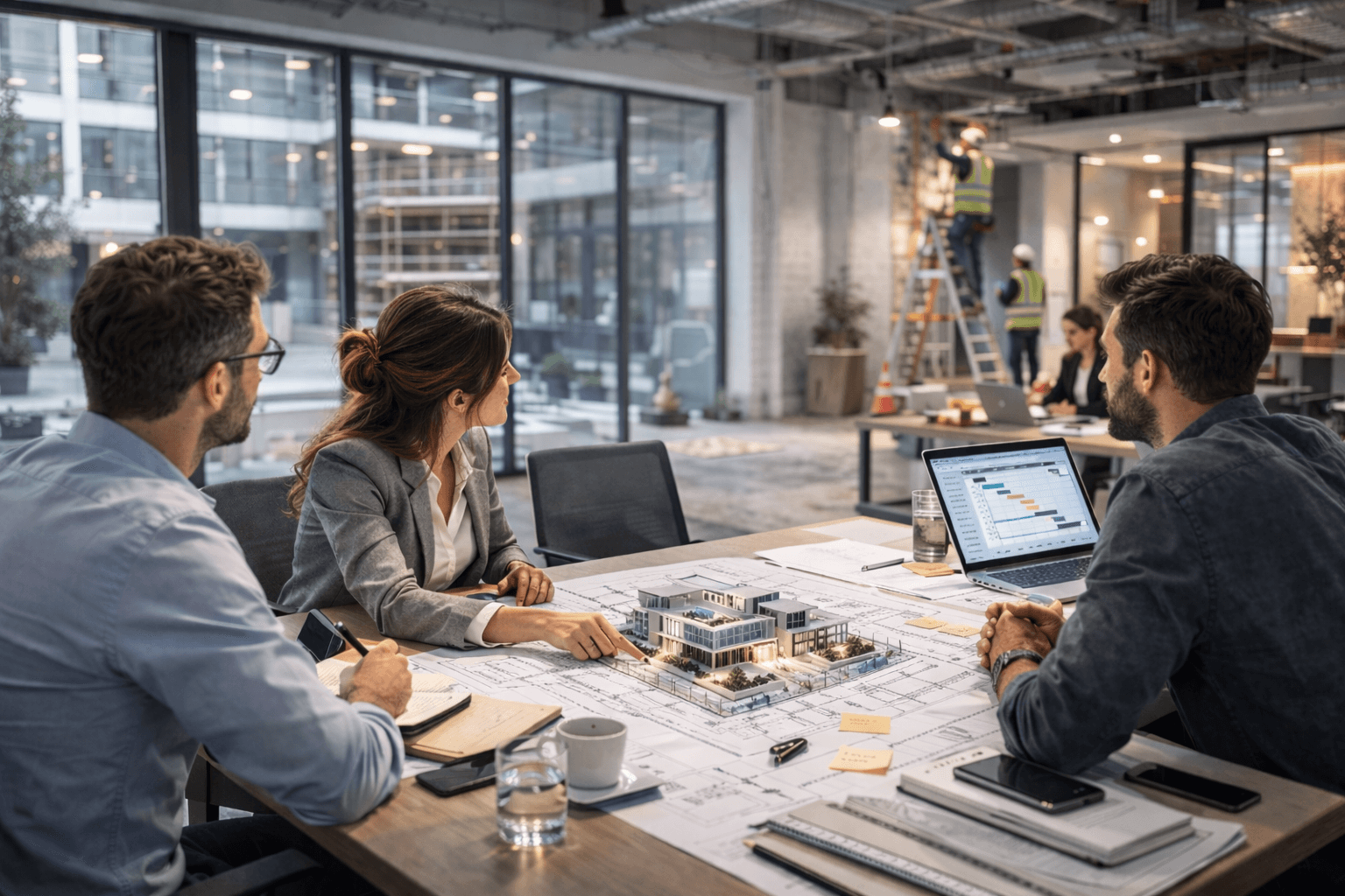 seven construction workers standing on white field