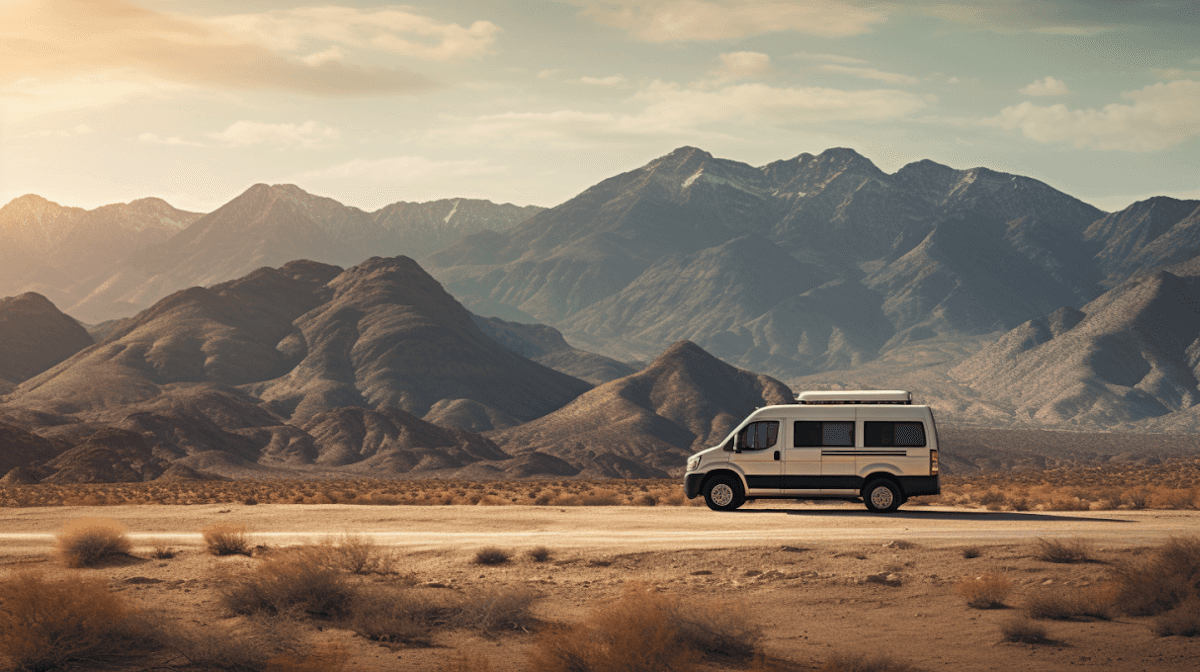 alt="Camper van parked in a desert landscape with mountains in the background during a travel adventure."