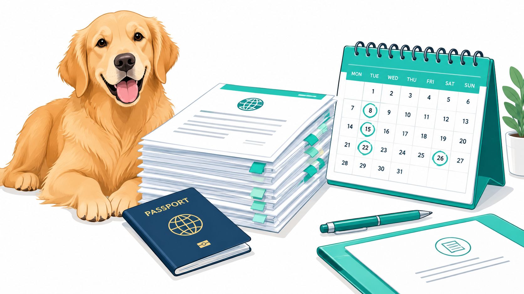A golden retriever dog next to a stack of travel documents, a passport, and a monthly calendar.