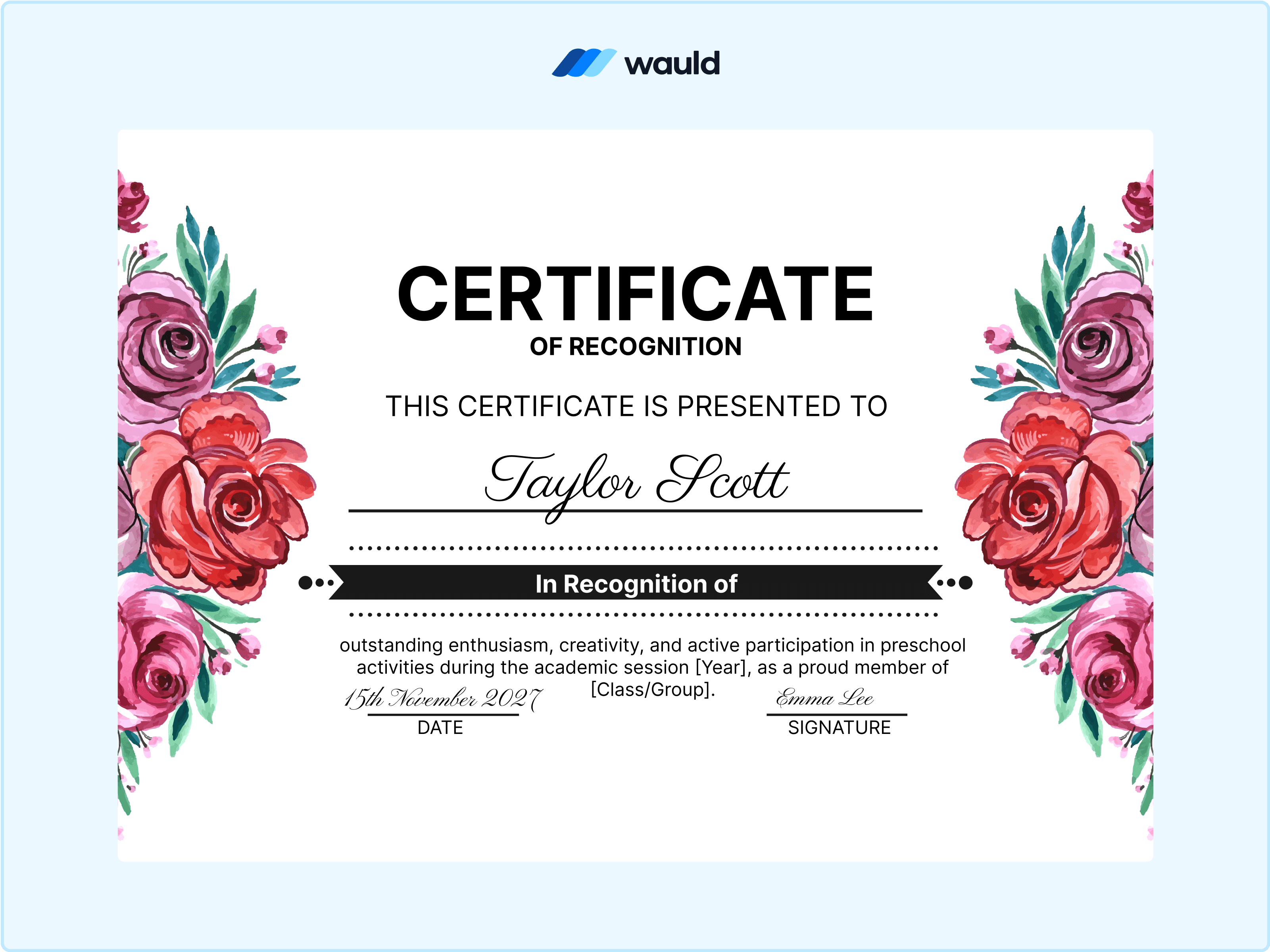 Wauld - School certificate template with floral designs