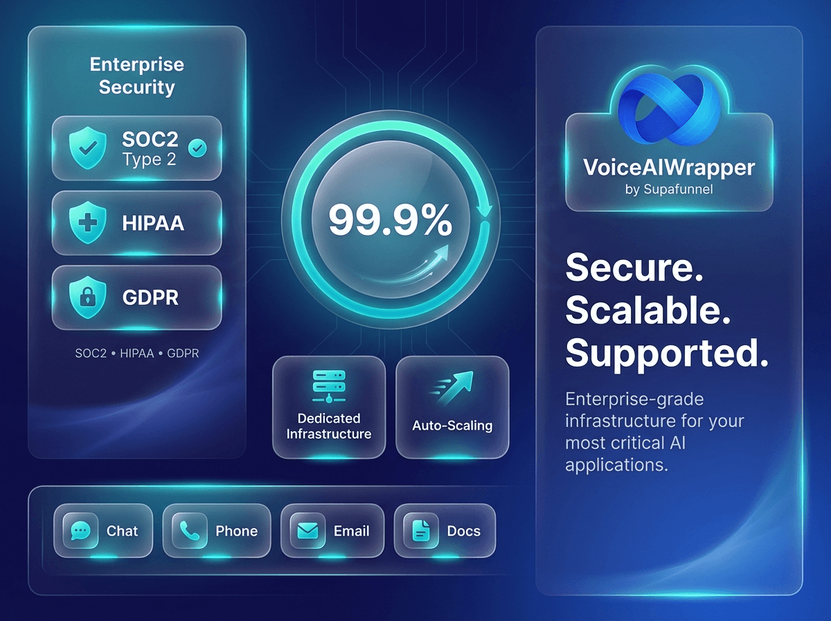 OC2 Type 2, HIPAA, and GDPR enterprise security compliance with 99.9% uptime, dedicated infrastructure, auto-scaling concurrency, 7-day free trial without credit card, in-app tutorials, and 5-star rated human support | VoiceAIWrapper.