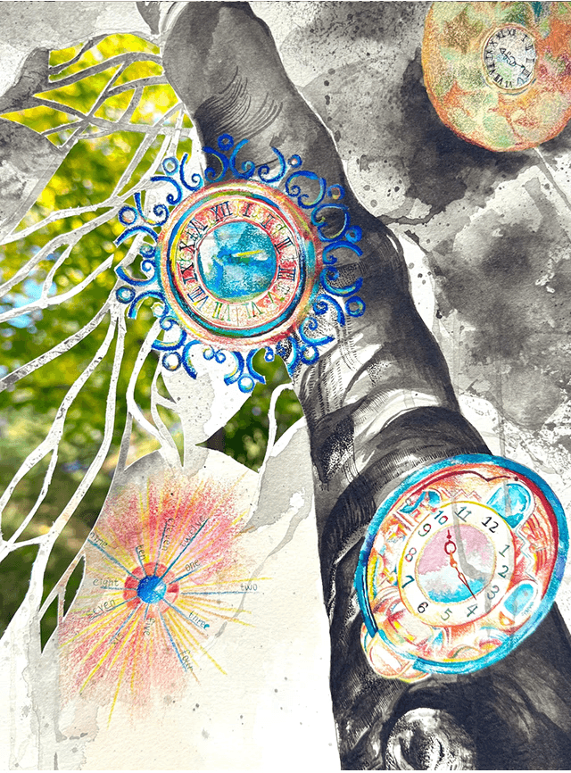 A fluffy gray rabbit rests on a floral chair.