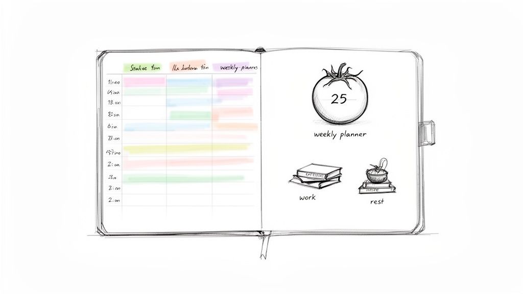 Sketch of a weekly planner, showing a schedule, a tomato timer, and work/rest icons.