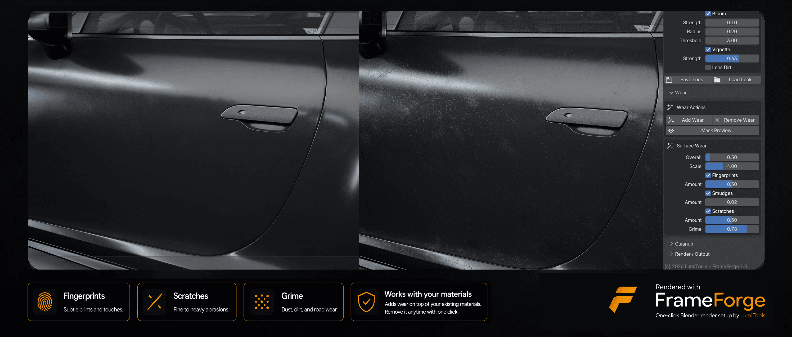 FrameForge customizable wear and scratches marketing image