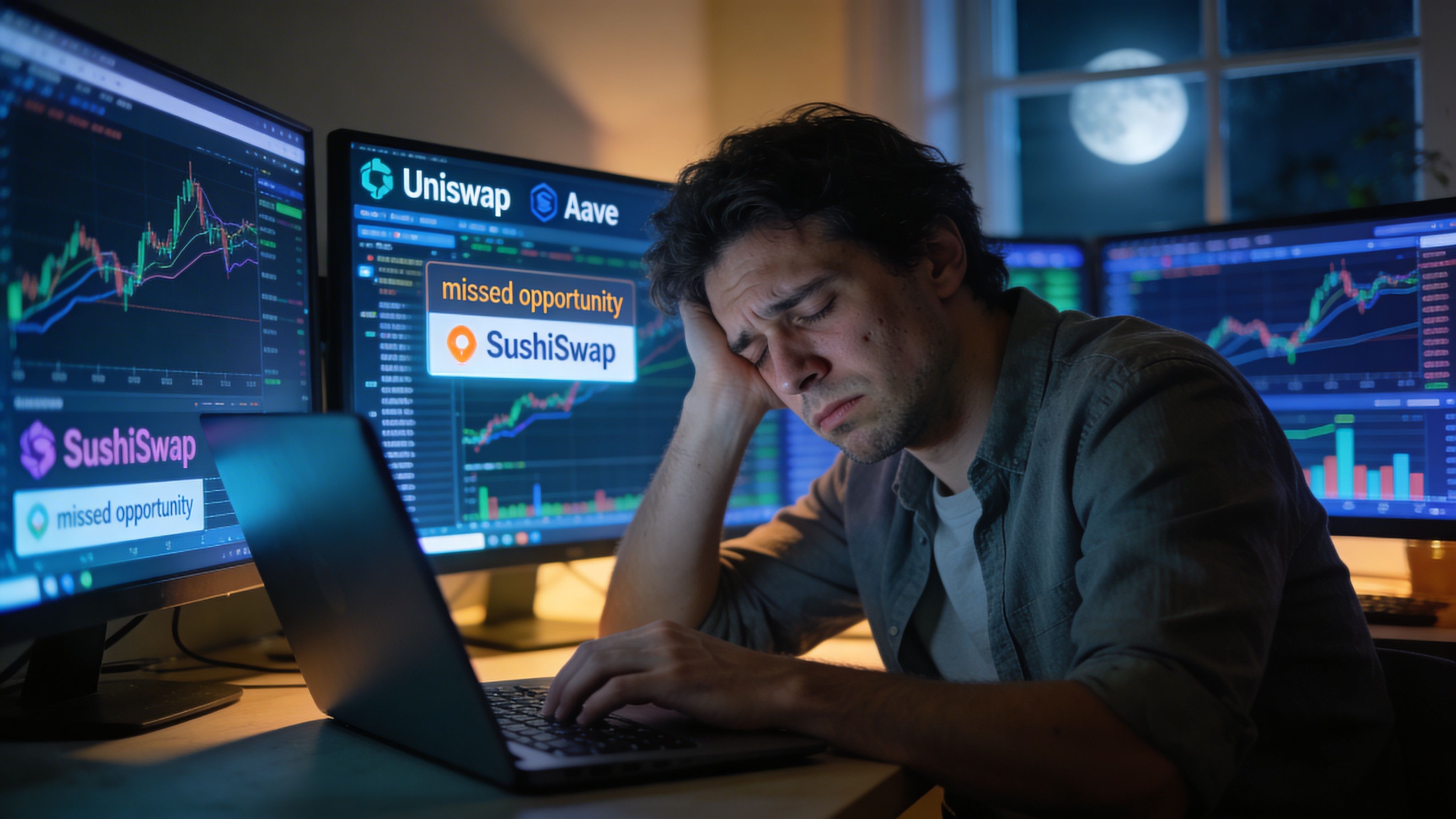 A tired man sitting at a desk with multiple monitors displaying cryptocurrency charts and trading platform logos.