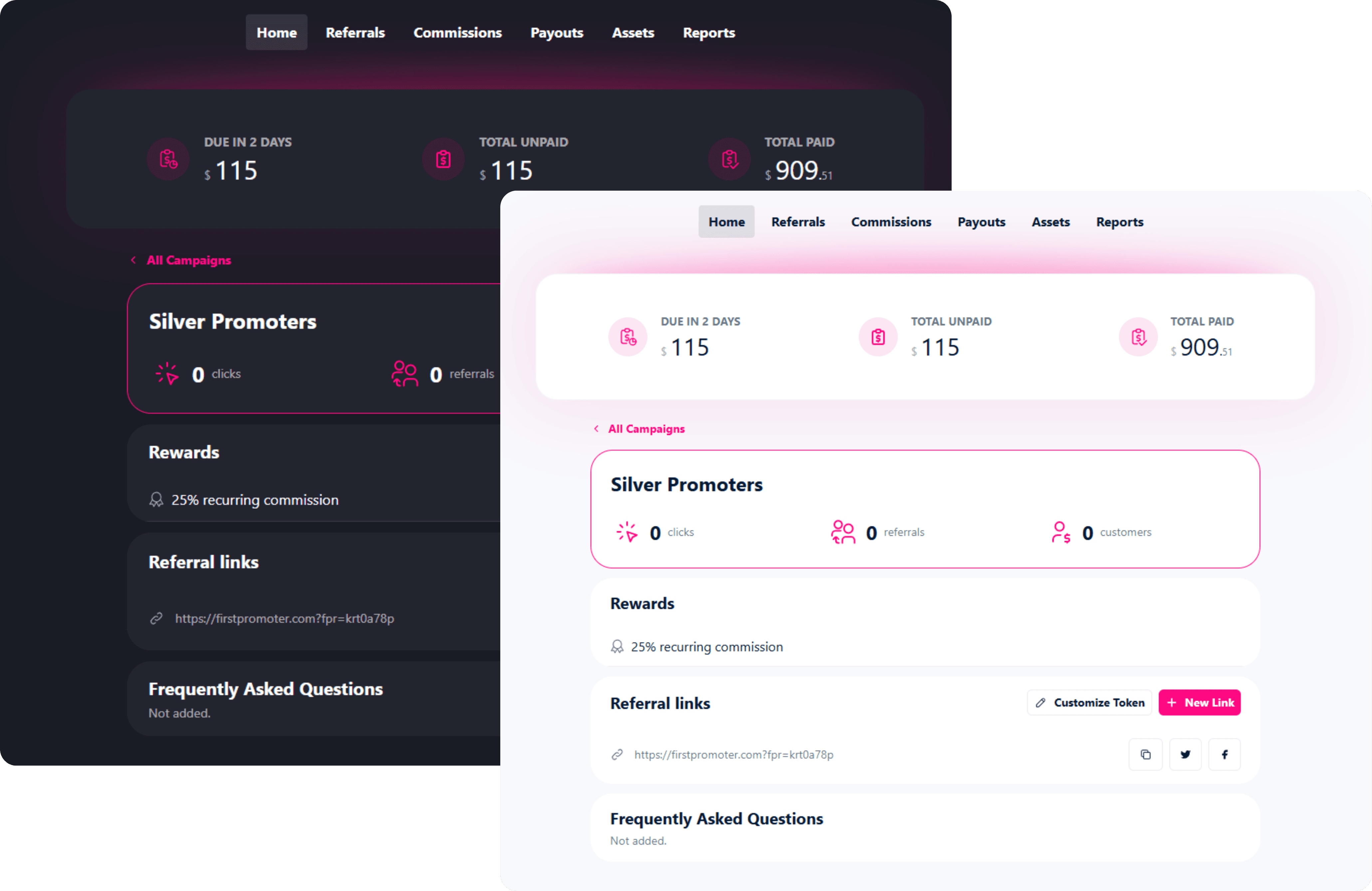 FirstPromoter affiliate dashboard. Customize over 50 attributes to make the portal match your brand. Add your logo, border, buttons and text colors. Custom CSS, Javascript, page meta-content, favicon.