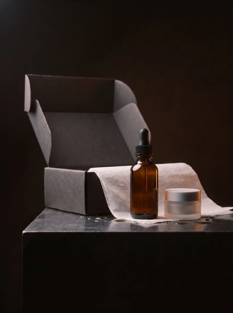 An opened shipping box with a glass bottle and jar