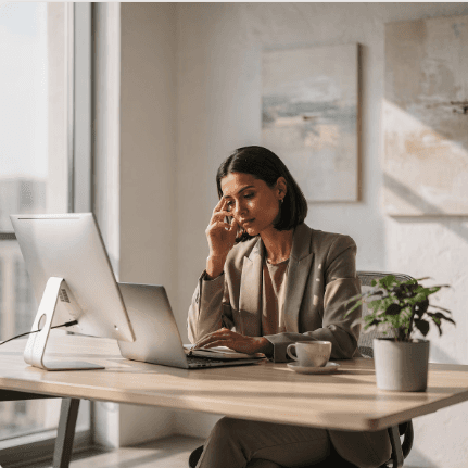 Frau arbeitet konzentriert am Schreibtisch in einem modernen Büro mit Computer und Pflanzen