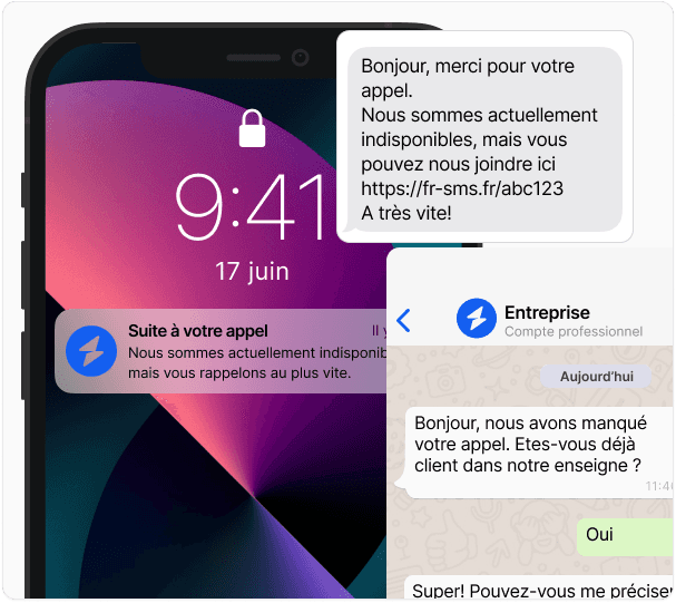 Notification smartphone de SMS de rattrapage et agent conversationnel WhatsApp après un appel manqué pour réengager un prospect