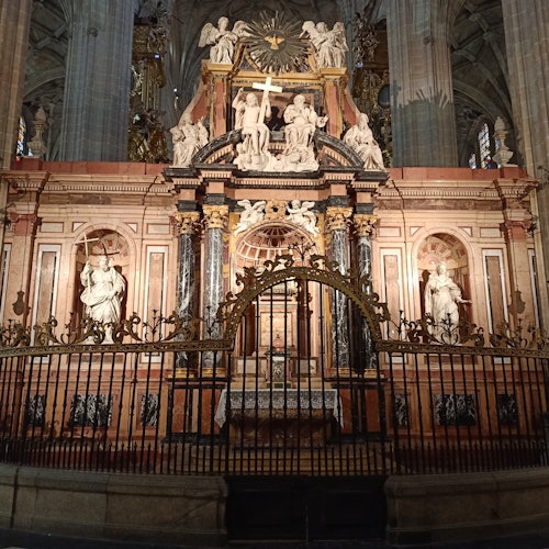 Ornate altar with statues and carvings behind a decorative metal fence, within a grand cathedral.