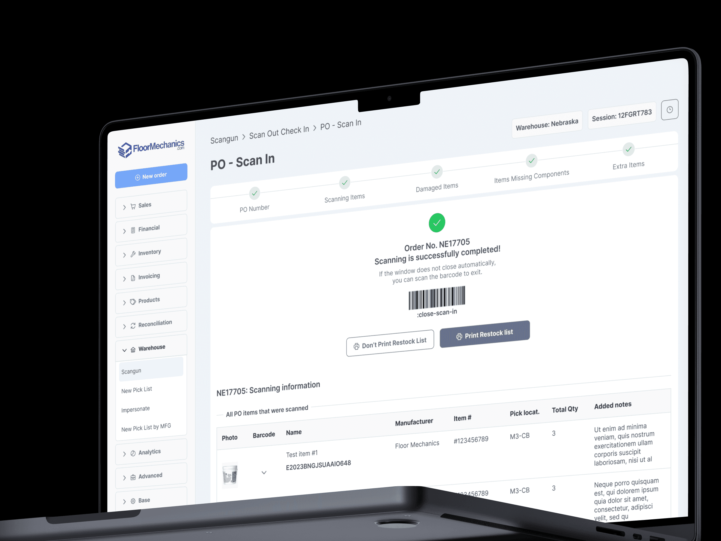На экране ноутбука отображается интерфейс сканирования заказа с сообщением об успешном завершении. Видны опции печати списка пополнения запасов. Тон изложения — деловой и профессиональный.