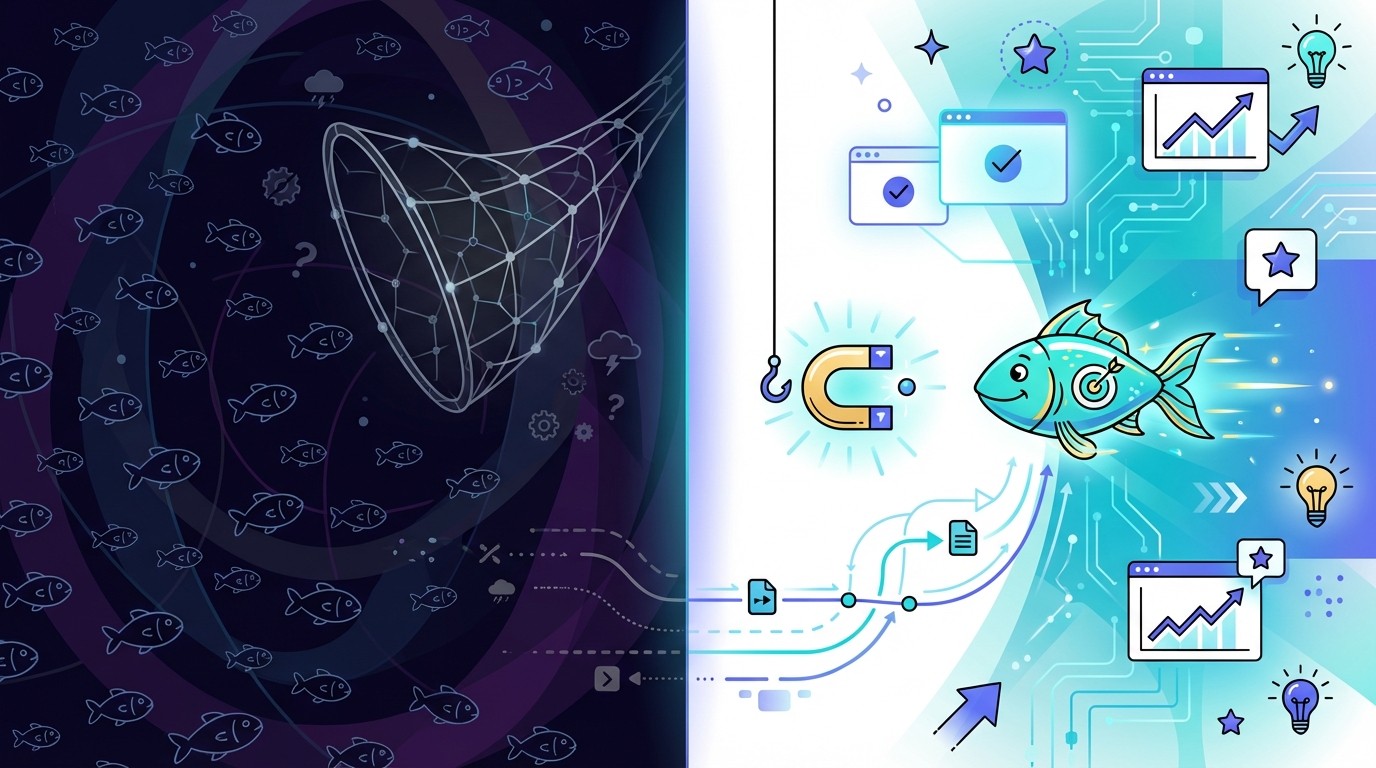 Illustration contrasting ineffective cold outreach (tiny fish in a vast, dark digital ocean with an empty net) with effective targeted outreach (a glowing target fish swimming towards an illuminated lure in a bright, focused digital pipeline).