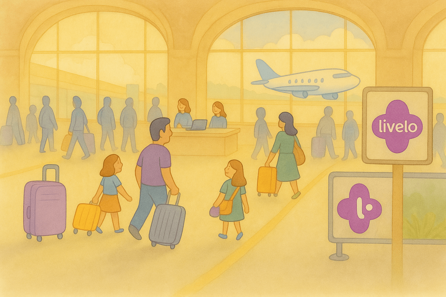 Ilustração em aquarela digital mostrando uma família com malas em um aeroporto, caminhando perto de placas da Livelo, com um avião ao fundo — referência às viagens acumuladas com pontos.