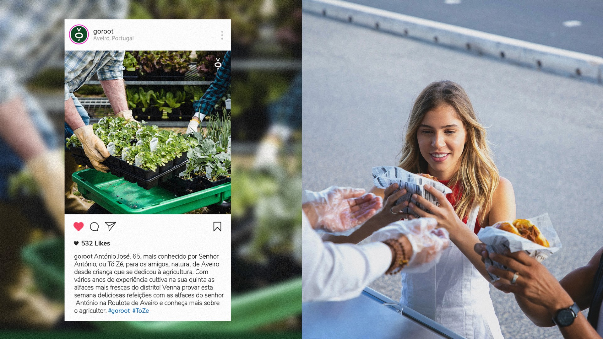 Goroot Instagram post about a local Aveiro farmer next to a customer being served at the food truck