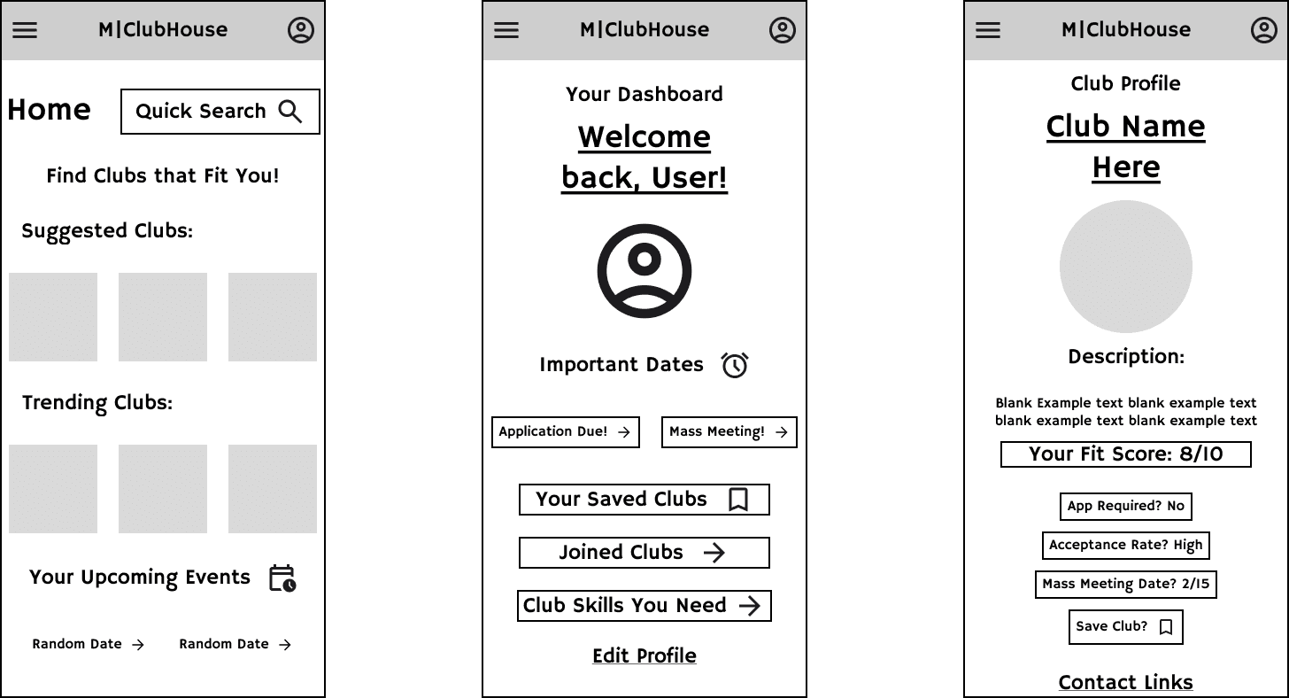 Low-fidelity mockups of ClubHouse interface