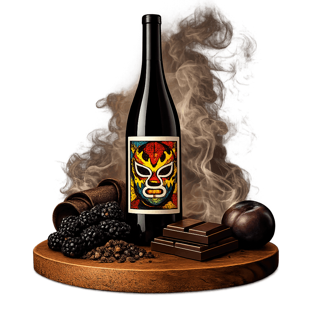Artistic label and flavor profile for Mexican Syrah on a rustic wooden table.