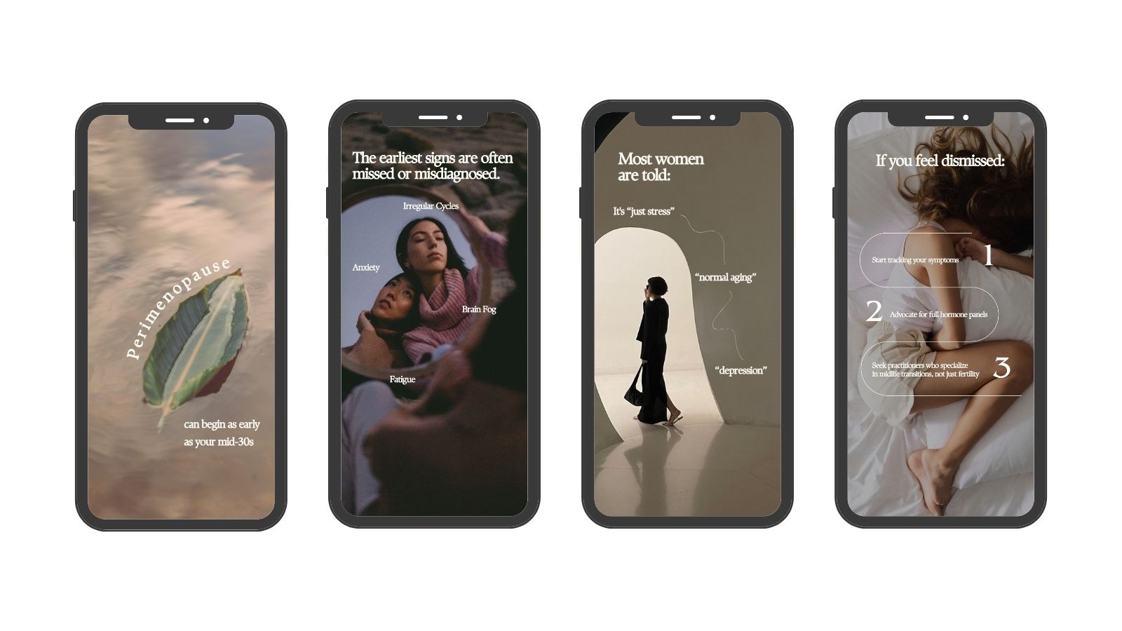 Set of four Instagram story designs featuring women’s health tips, emotional wellness guidance, and editorial movement imagery for UMA’s digital education series.
