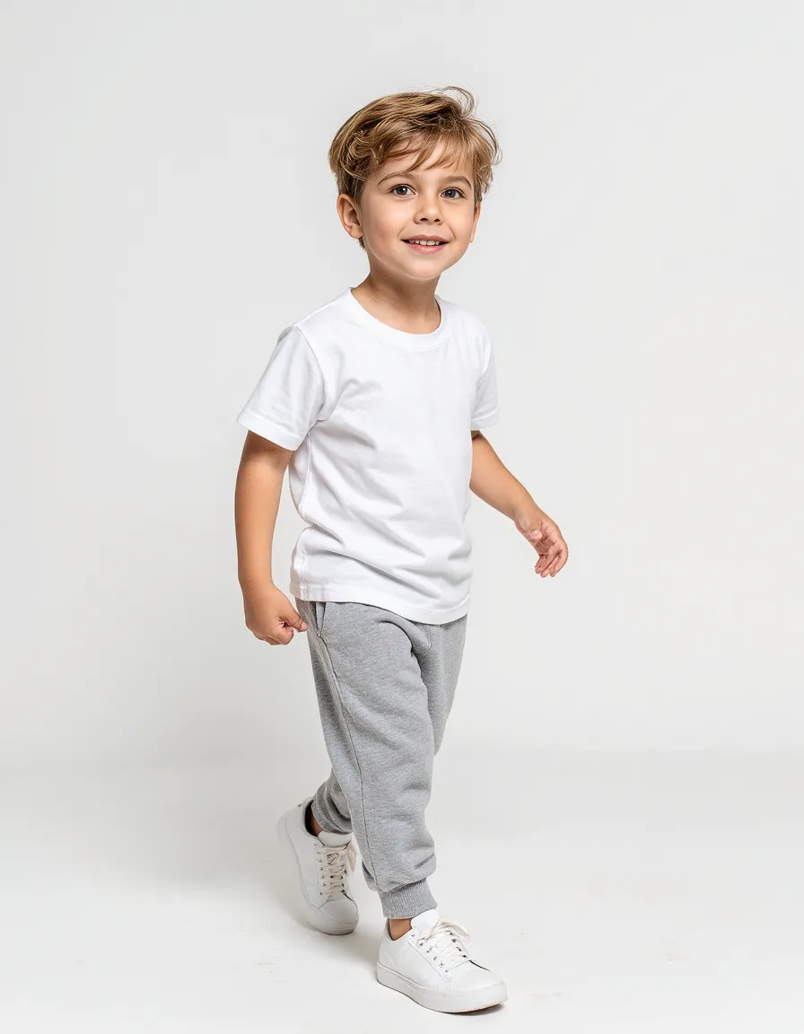 Child wearing simple white t-shirt and gray sweatpants with white sneakers, standing against a clean white background in a studio setting.