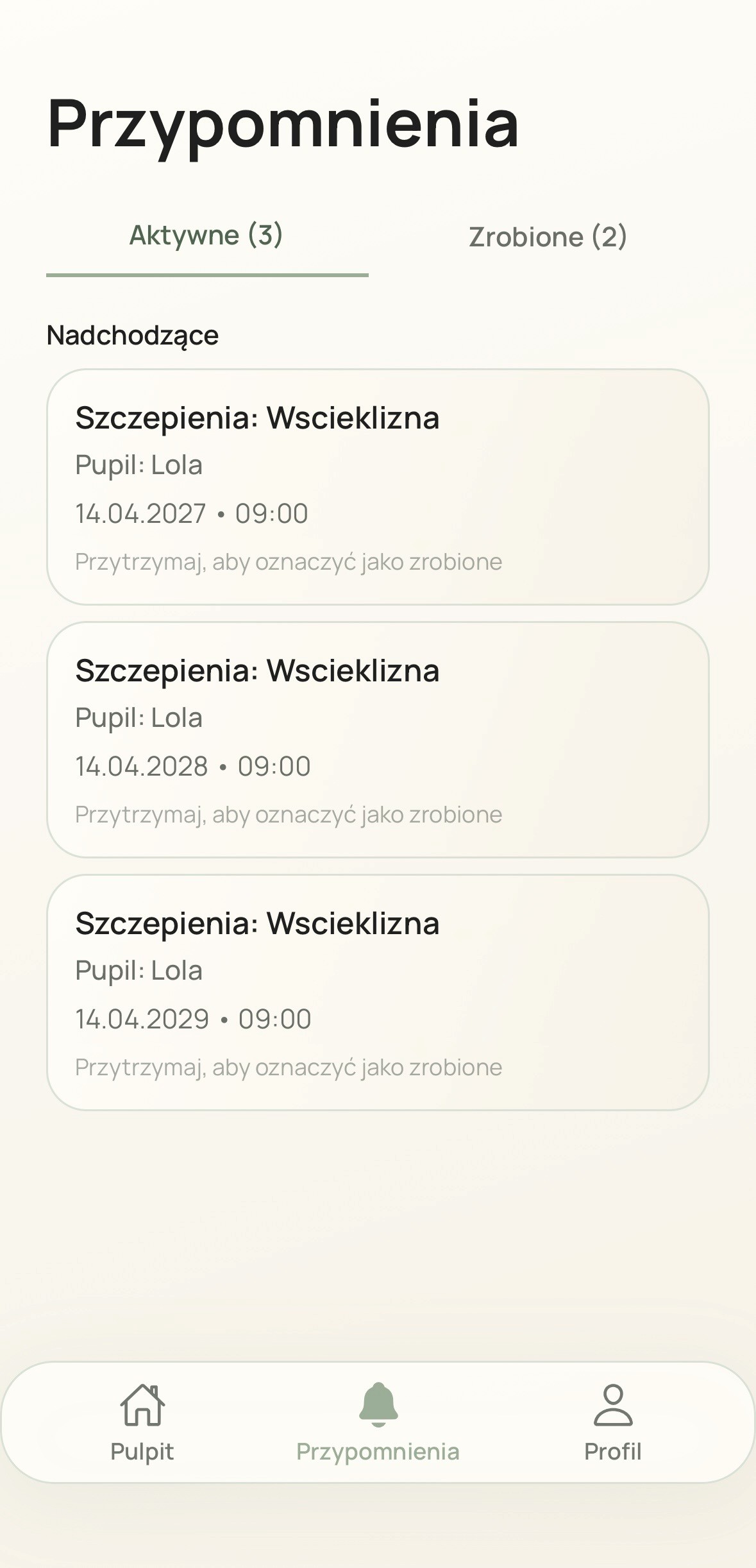 Lista przypomnień w Lolarize