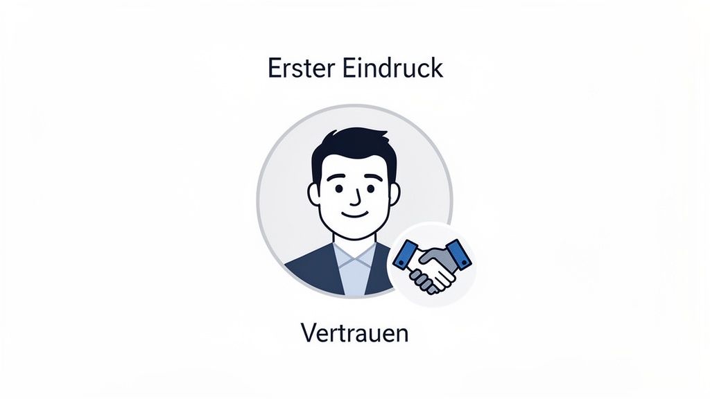 Illustration eines lächelnden Gesichts und eines Händedrucks mit den Texten 'Erster Eindruck' und 'Vertrauen'.