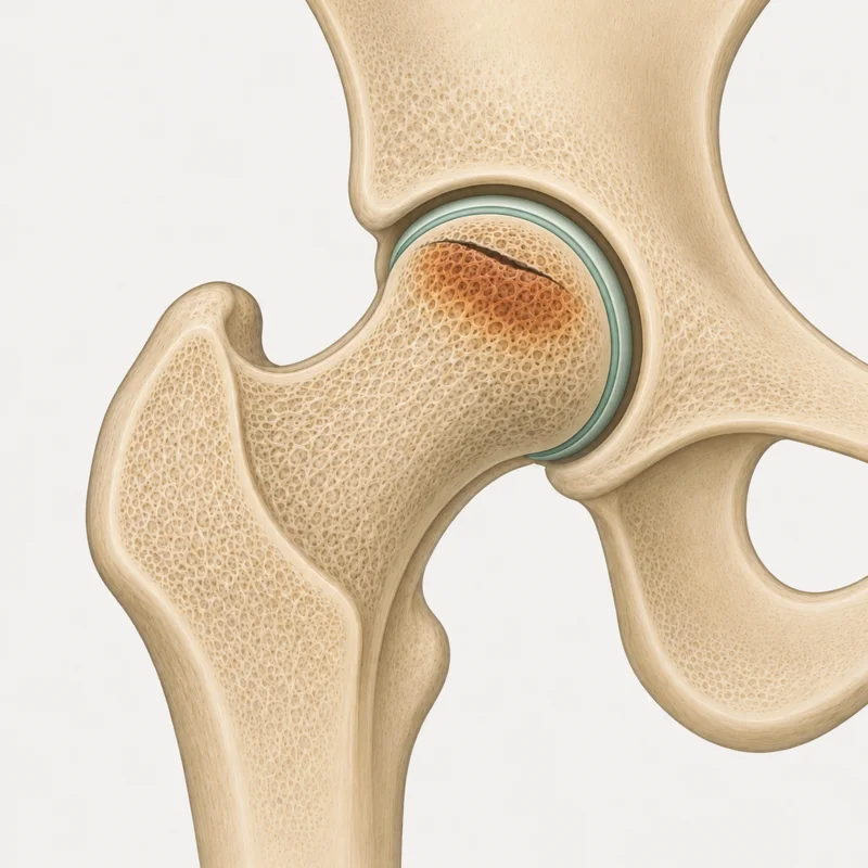 Femoral head surface beginning to flatten with a crescent line - the turning point where joint-preserving options start to close.