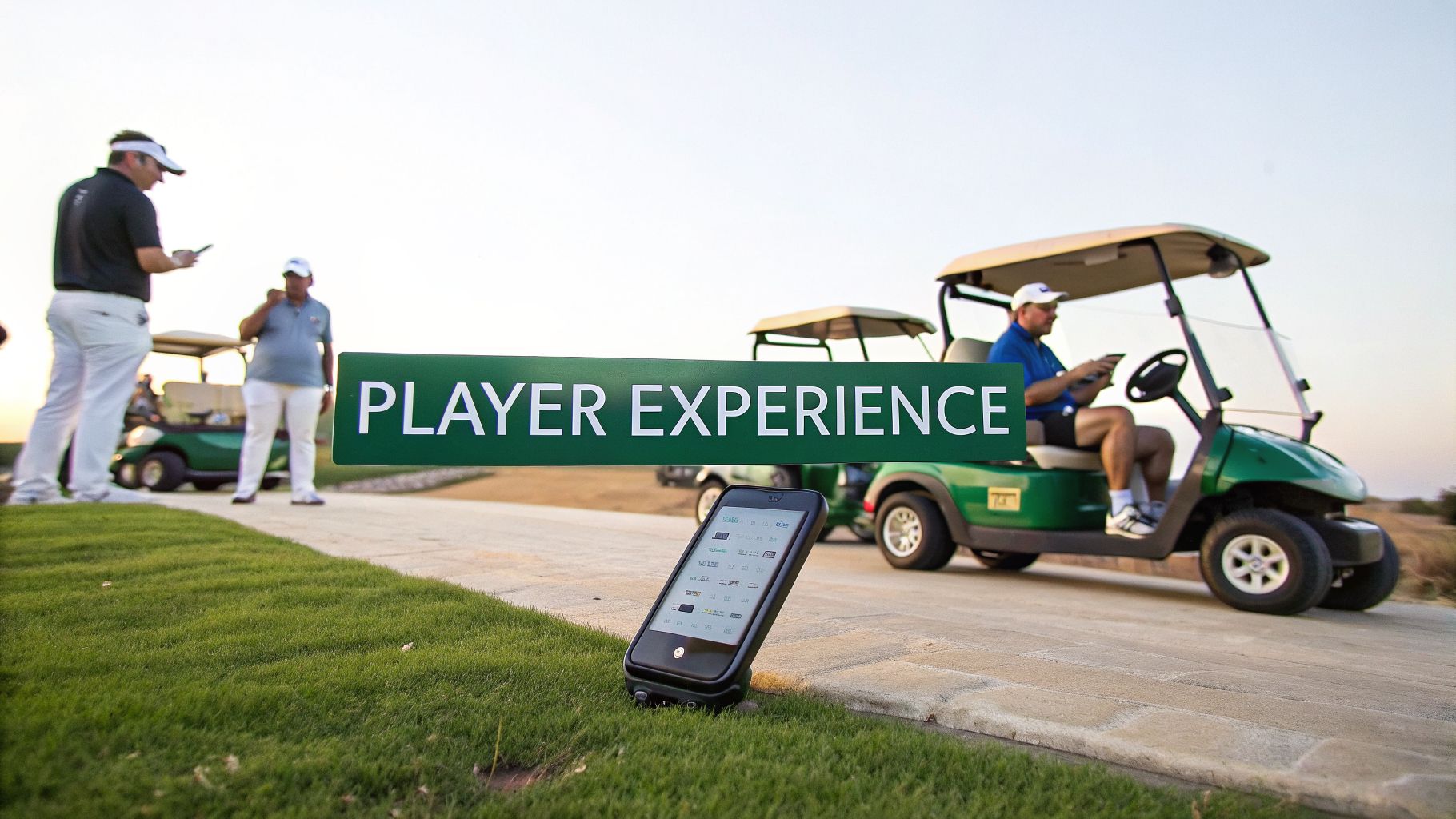 Golfers use mobile devices on a course with golf carts, enhancing the player experience at twilight.