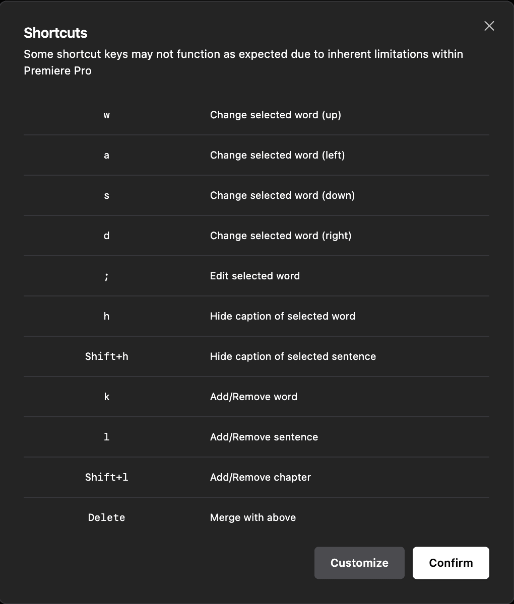 Screenshot of keyboard shortcuts in Cutback