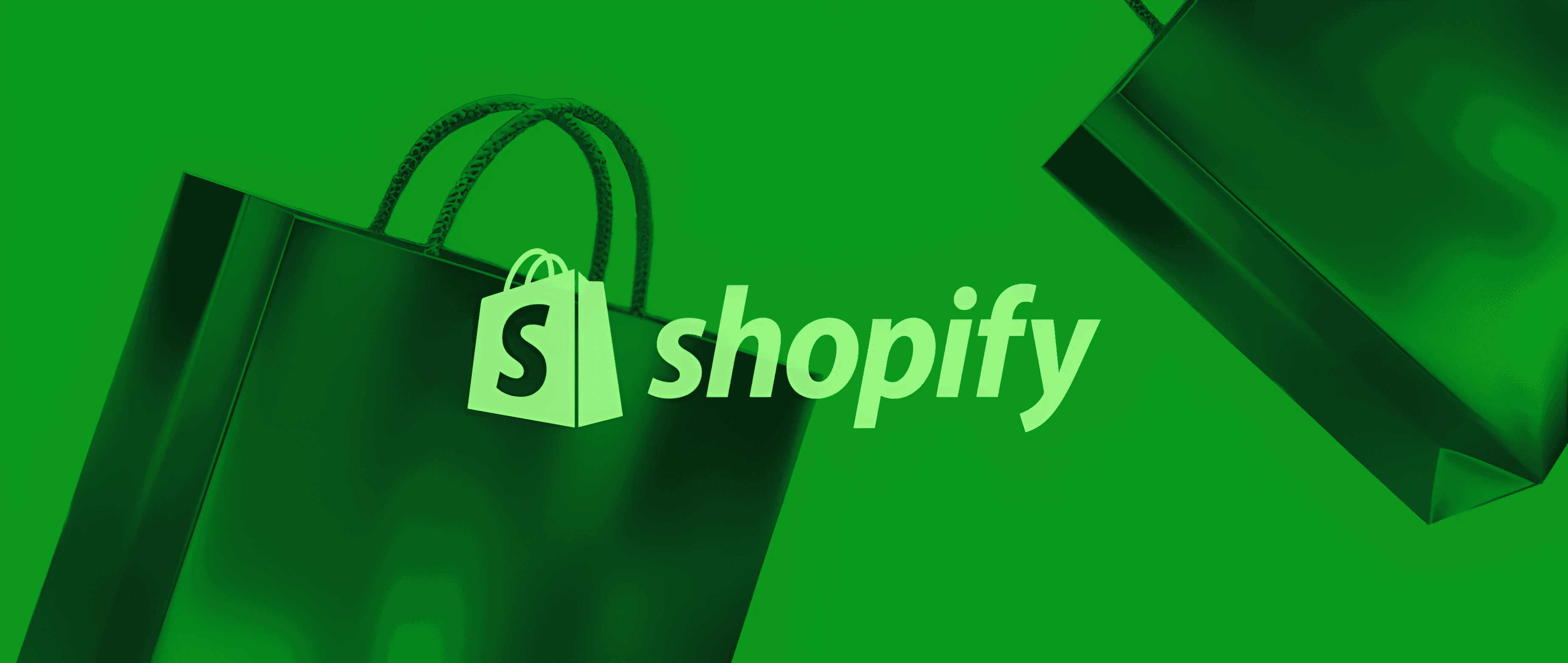 Shopify logo centered between two dark shopping bags on a solid green background