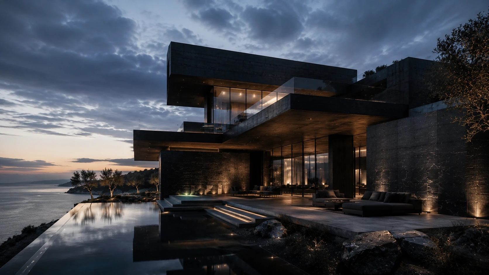 Modern brutalist residence featuring floating concrete volumes, warm architectural lighting, and an infinity pool overlooking the landscape.