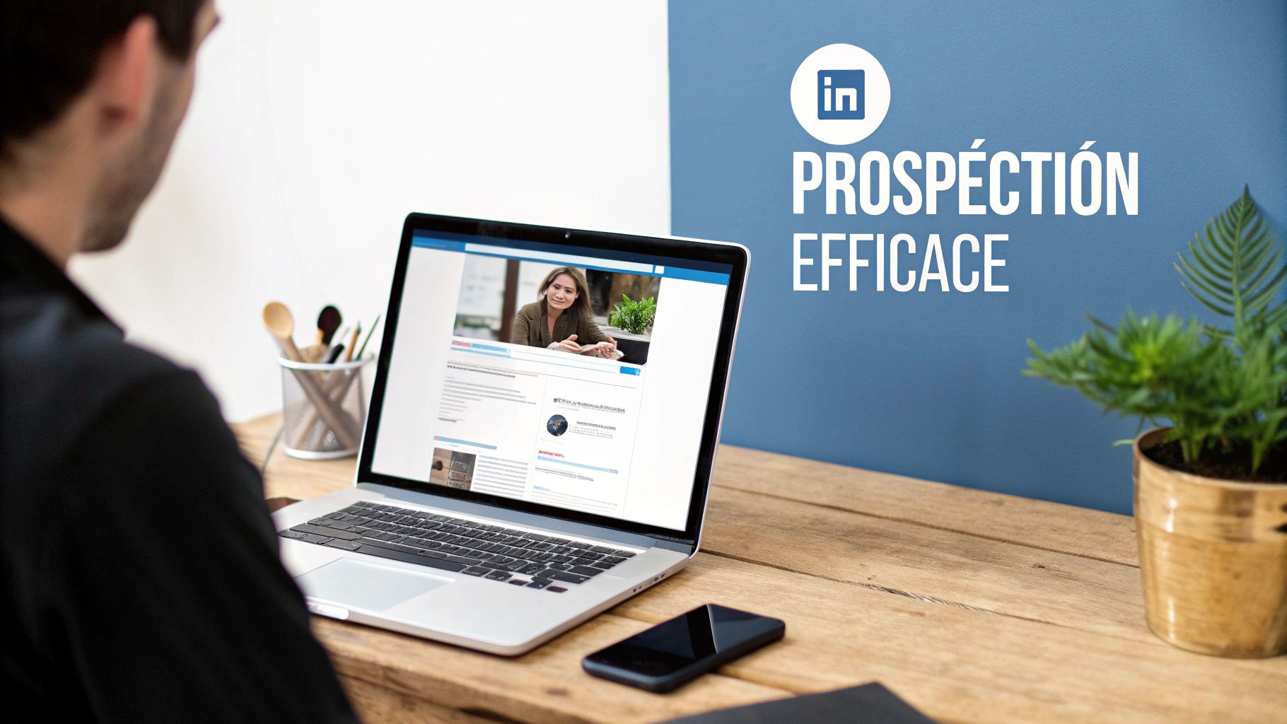 Homme regardant un ordinateur portable affichant un profil LinkedIn, avec le logo LinkedIn et le texte 'Prospection Efficace' sur un mur bleu.