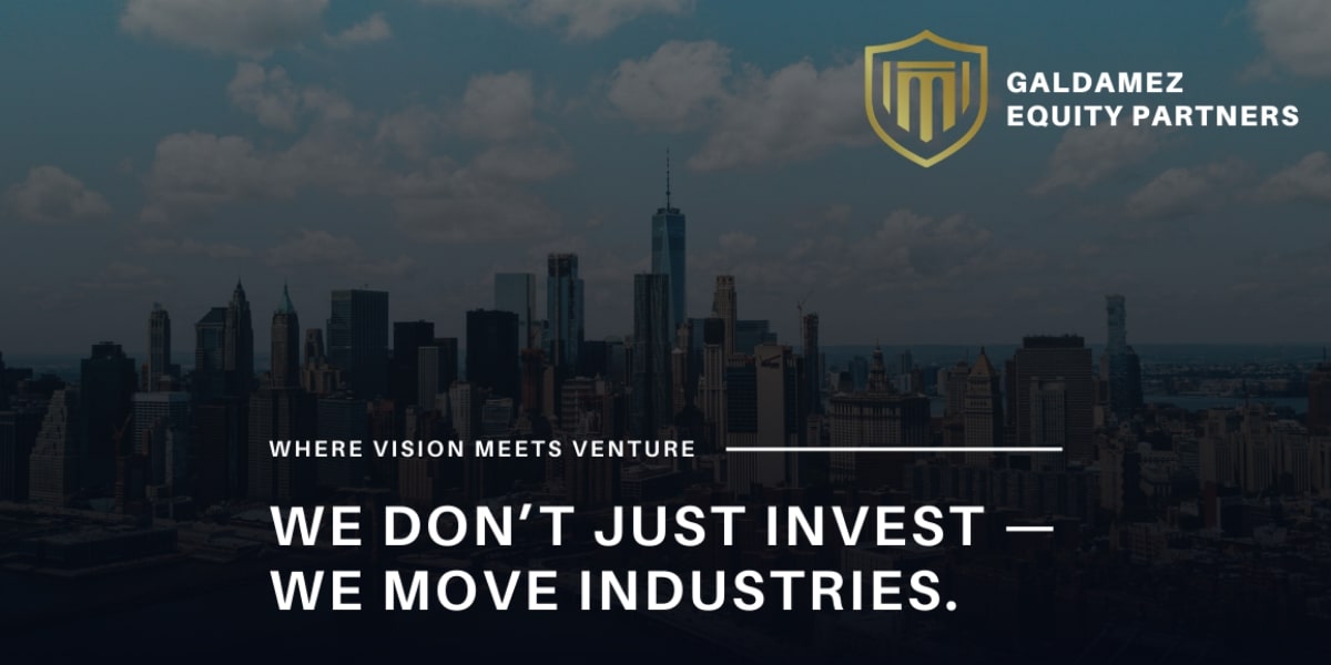 Skyline of New York with Galdamez Equity Partners logo and slogan, emphasizing vision and venture in private investment