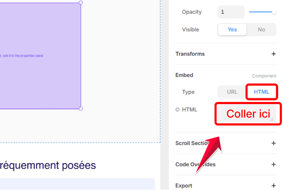 Bloc Embed dans Framer avec collage du code iframe Cal.com