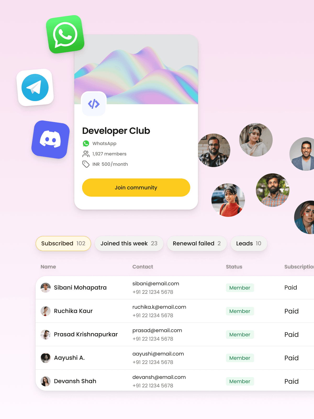 Screenshot of a messenger app showing a list of members of the Developer Club. There are 1927 members in total, and the alt-text lists the name, contact information, status, and subscription status of each member.