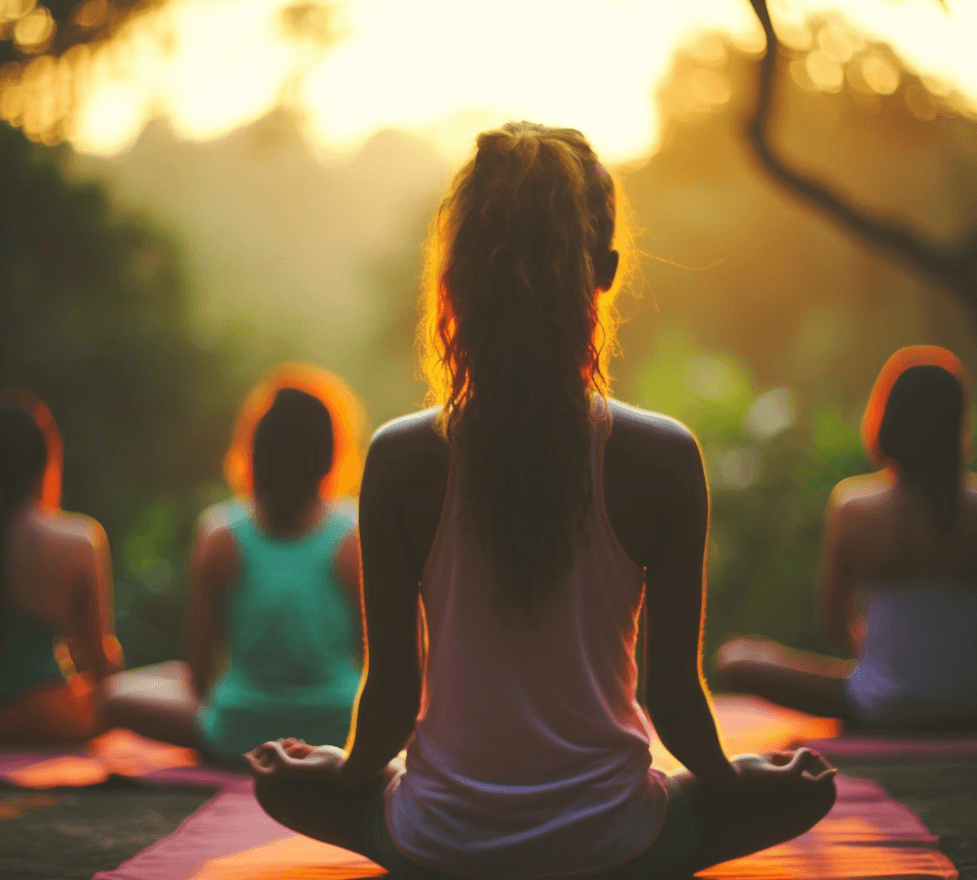Woman in sweatshirt faces away during group fitness class session.
