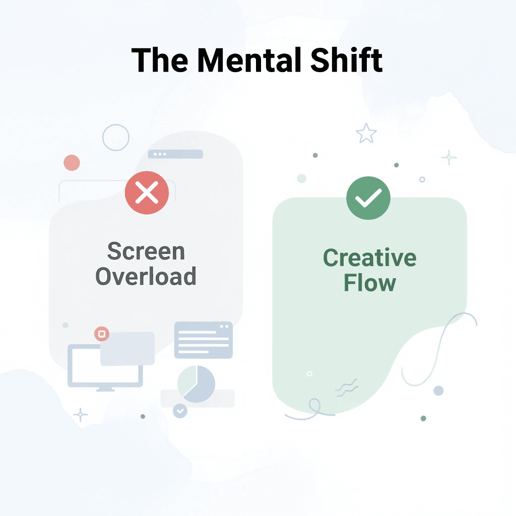 Before and after infographic showing the shift from screen overload to creative flow