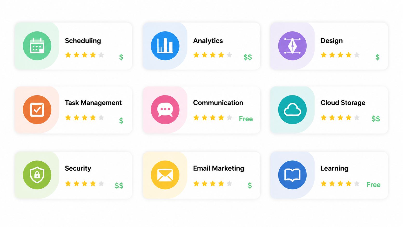 A grid of nine colorful app service icons with star ratings and pricing indicators displayed on a white background.