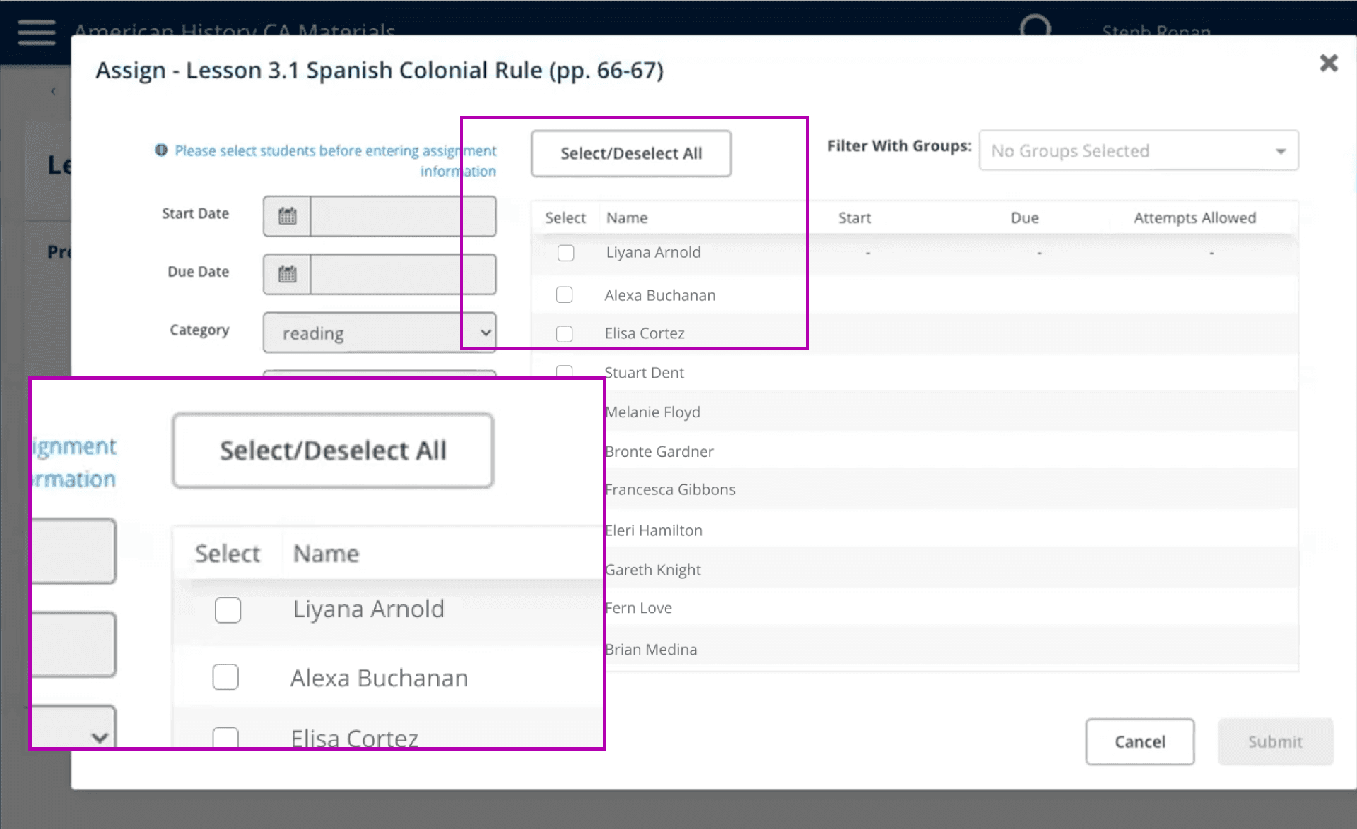 The original assignment workflow that has the 'Select/Deselect All' button and list of students highlighted