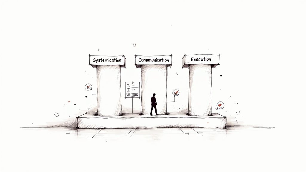 A hand-drawn illustration showing three pillars: Systemication, Communication, and Execution, with a person.