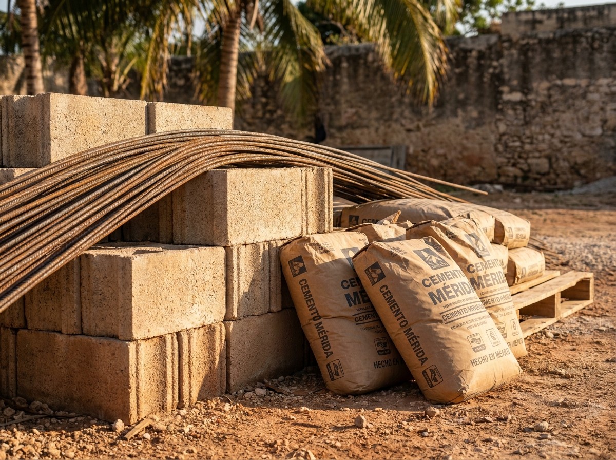 Block de concreto, varilla y sacos de cemento en una distribuidora de materiales de construcción en Mérida, Yucatán
