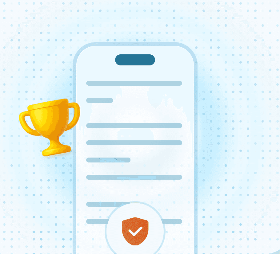 Golden trophy next to a phone displaying a security shield with a checkmark.