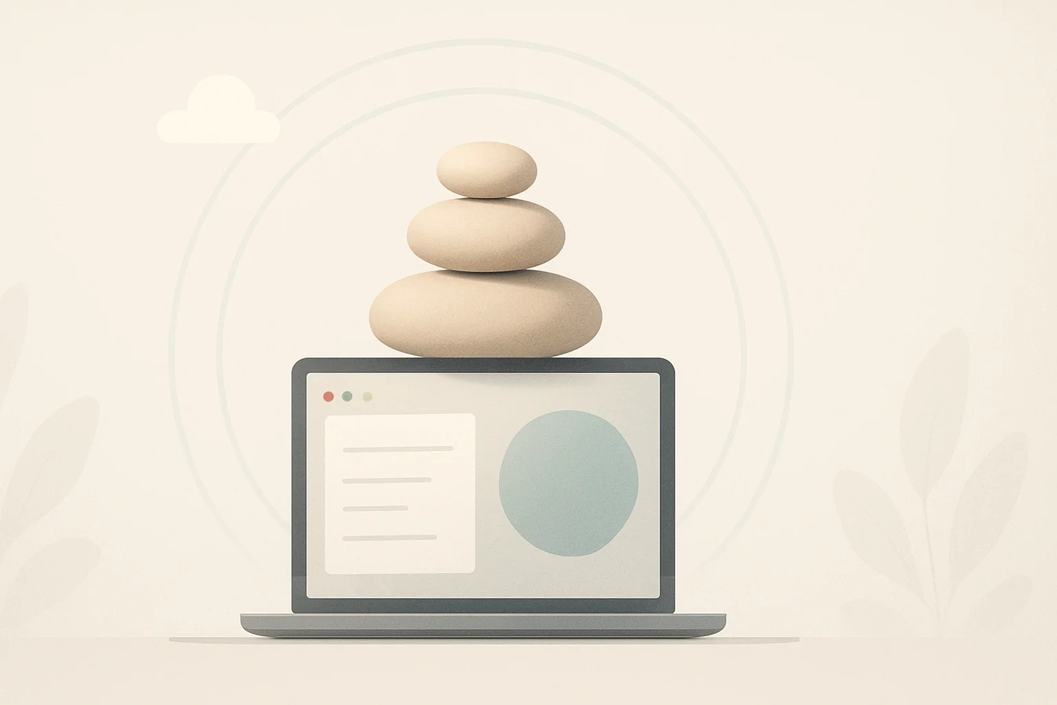 A minimalist digital illustration of balanced zen stones resting on a laptop screen, symbolizing harmony between technology and tranquility, with soft beige tones and subtle plant silhouettes in the background.