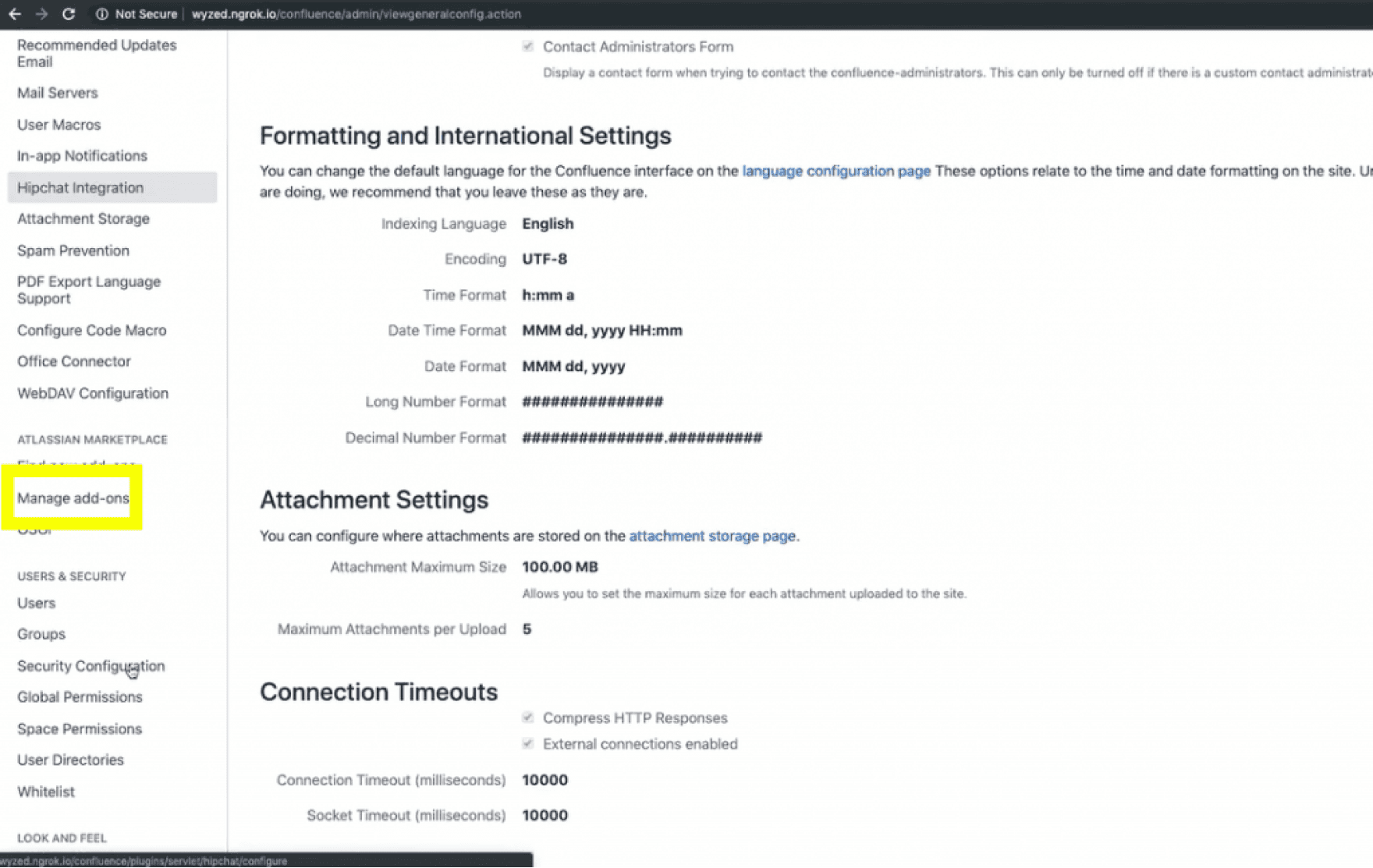 Confluence General Configuration page where you can manage your Wyzed LMS Addon