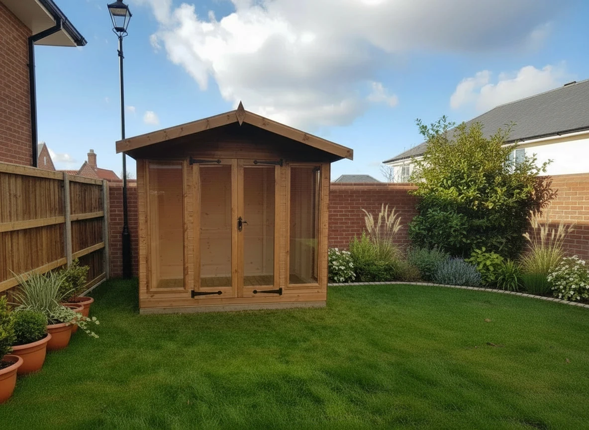 Timber summerhouse on a lawn beside a brick wall