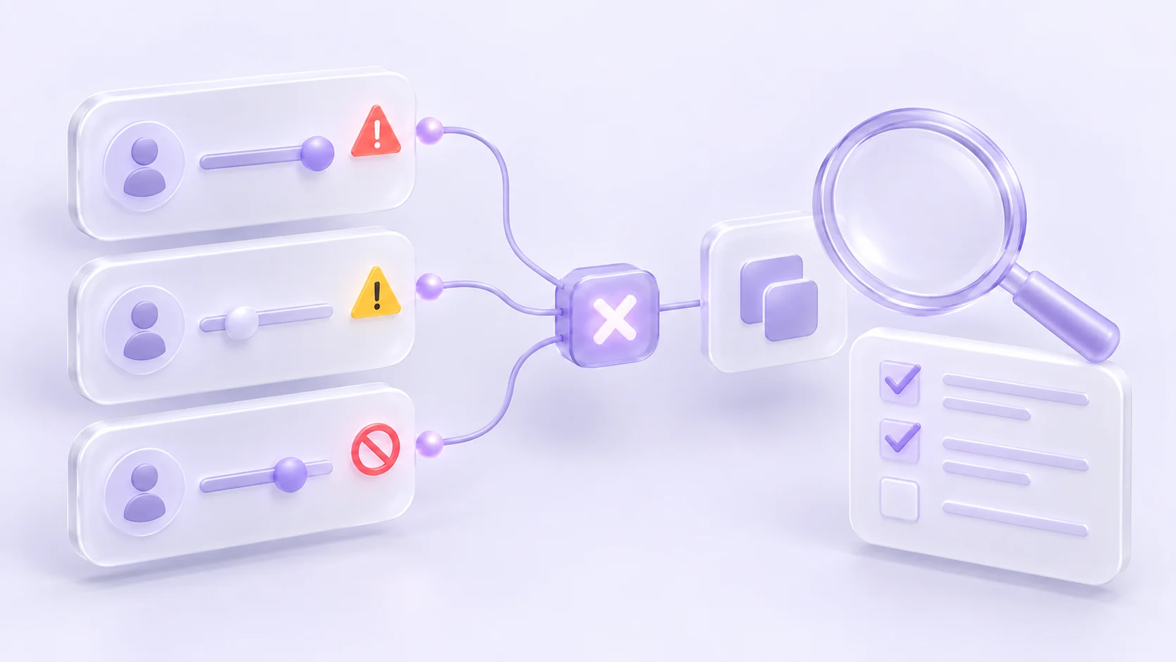 Account panels with configuration warnings beside a diagnostic checklist